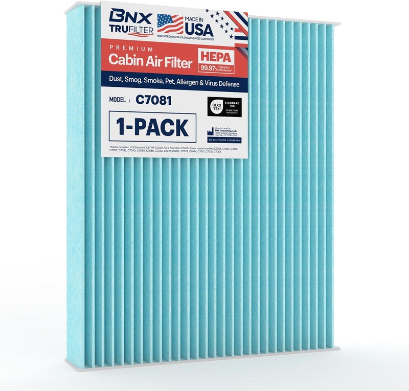 BNX TruFilter C7081 Cabin Air Filter, HEPA 99.97%, MADE IN USA, Compatible With Ford F-150, F-250 Super Duty, F-350, F-450, F-550, Expedition; Lincoln Navigator - Image 1